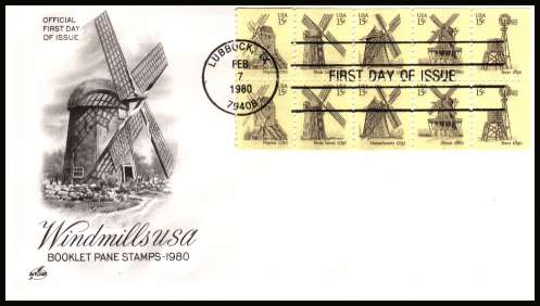 view larger image for First Day Covers First Day Covers: SG Number 1786a / Scott Number  (1980) - Windmills booklet pane of ten on an unaddressed Artcraft first day cover cancelled with a LUBBOCK - TX
FDI cancel dated FEB 7 1980