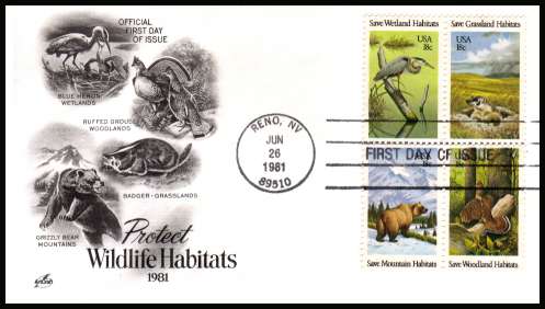 view larger image for  : SG Number 1898a / Scott Number 1924a (1981) - Wildlife block of four on unaddressed Artcraft first day cover cancelled with a
RENO - NV FDI cancel dated JUN 26 1981