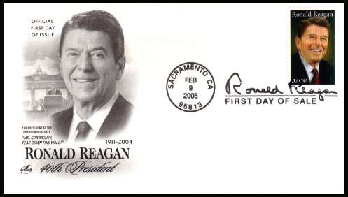 view larger image for First Day Covers First Day Covers: SG Number 4414 / Scott Number  (2005) - President Ronald Regan commemorative single on unaddressed ''Artcraft'' first day cover cancelled with a SACRAMENTO - CA 
FDI cancel dated FEB 9 2005
