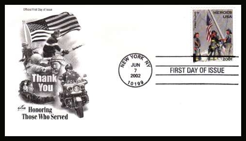 view larger image for First Day Covers First Day Covers: SG Number 4110 / Scott Number  (2002) - Heroes of 9-11 Charity Issue on ''Artcraft'' unaddressed first day cover cancelled with a FDI cancel for NEW YORK dated JUN 7 2002.