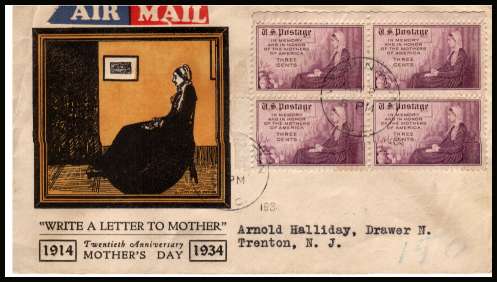 view larger image for First Day Covers First Day Covers: SG Number 736 / Scott Number  (1934) - Mother's Day - Perforation 11x10½ block of four on ''Linprint cachet'' illustrated first day cover with neatly typed address cancelled with 
WASHINGTON - D.C. cancel
and dated MAY  2 (1934)
