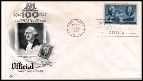 view larger image for  : SG Number 944 / Scott Number 947 (1947) - Postage Centenary 3c single on an unaddressed  ''Artcraft'' illustrated first day cover with a NEW YORK 
FDI cancel and dated MAY 17 1947