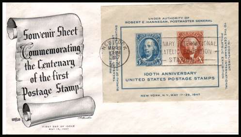 view larger image for  : SG Number MS945 / Scott Number 948 (1947) - CIPEX Minisheet  on an unaddressed  Artmaster  illustrated first day cover with a NEW YORK 
FDI cancel and dated MAY 19 1947