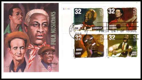 view larger image for  : SG Number 3444a / Scott Number 3215a (1998) - Folk Musicians plate block of four on a Fleetwood first day cover cancelled with an FDI cancel for WASHINGTON - D.C. and dated JUN 26 1998