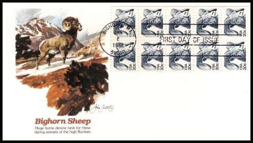 view larger image for First Day Covers First Day Covers: SG Number 1926a / Scott Number  (1982) - Bighorn Sheep booklet pane of ten on colour unaddressed Fleetwood first day cover cancelled with a FDI cancel for BIGHORN - MT
dated JAN 8 1982
