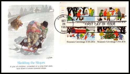 view larger image for First Day Covers First Day Covers: SG Number 2003a / Scott Number  (1982) - Christmas - Scenes Plate block of four on colour unaddressed Fleetwood first day cover cancelled with a FDI cancel for
dated