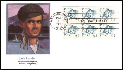 view larger image for First Day Covers First Day Covers: SG Number 2126ba / Scott Number  (1988) - Jack London booklet pane of six on colour unaddressed Fleetwood first day cover cancelled with a FDI cancel for SAN FRANCISCO - CA 
dated MAY 3 1988