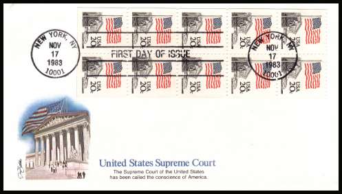 view larger image for First Day Covers First Day Covers: SG Number 1924bv / Scott Number  (1983) - Flag over Supreme Court booklet pane of ten on colour unaddressed Fleetwood first day cover cancelled with a FDI cancel for NEW YORK - NY 
dated NOv 17 1983