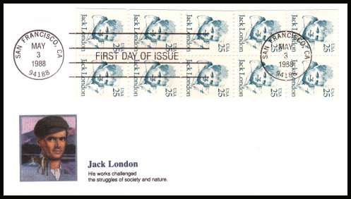 view larger image for First Day Covers First Day Covers: SG Number 2126a / Scott Number  (1988) - Jack London booklet pane of ten on colour unaddressed Fleetwood first day cover cancelled with a FDI cancel for SAN FRANCISCO - CA
dated MAY 3 1988