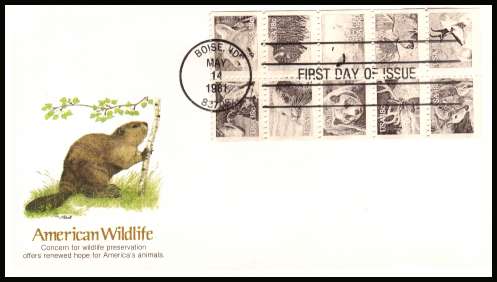 view larger image for First Day Covers First Day Covers: SG Number 1865a / Scott Number  (1981) - American Wildlife booklet pane of ten different designs on colour unaddressed Fleetwood first day cover cancelled with a FDI cancel for BOISE - ID
dated MAY 14 1981