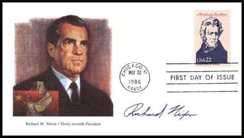 view larger image for First Day Covers First Day Covers: SG Number MS2223ag / Scott Number  (1986) - President Richard Nixon cachet on Andrew Jackson single from AMERIPEX '86 minisheet on colour unaddressed Fleetwood first day cover cancelled with a FDI cancel for CHICAGO - IL dated MAY 22 1986