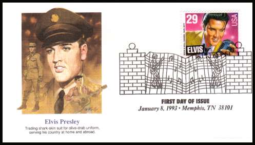 view larger image for  : SG Number 2769 / Scott Number 2721 (1993) - Elvis Presley sheet stamp inscribed ''ELVIS'' on unaddressed first day cover cancelled with the famous ''Gates at Graceland'' cancel dated 8 January 1993 - MEMPHIS TN