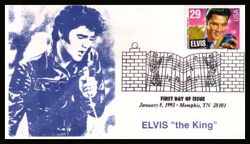 view larger image for  : SG Number 2769 / Scott Number 2721 (1993) - Elvis Presley sheet stamp inscribed ''ELVIS'' on unaddressed first day cover cancelled with the famous ''Gates at Graceland'' cancel dated 8 January 1993 - MEMPHIS TN