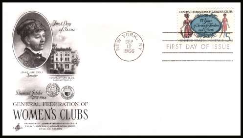 view larger image for First Day Covers First Day Covers: SG Number 1296 / Scott Number  (1966) - Women's Club single on unaddressed Artcraft first day cover cancell with a FDI cancel for NEW YORK - NY
dated SEP 12 1966