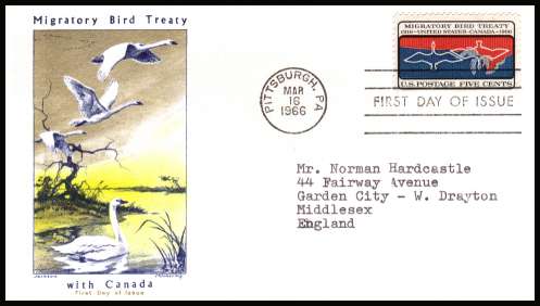view larger image for First Day Covers First Day Covers: SG Number 1286 / Scott Number  (1966) - Migratory Bird Treaty 5c single on neatly typed addressed Jackson Chickering first day cover cancelled with a FDI cancel for PITTSBURGH - PA
dated MAR 16 1966