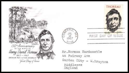 view larger image for First Day Covers First Day Covers: SG Number 1307 / Scott Number  (1967) - Henry David Thoreau 5c single on neatly typed addressed Artmaster first day cover cancelled with a FDI cancel for
dated