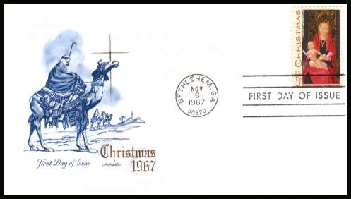 view larger image for First Day Covers First Day Covers: SG Number 1316 / Scott Number  (1967) - Christmas - Madonna and Child 5c single on unaddressed Artmaster first day cover cancelled with a FDI cancel for BETHLEHEM - GA
dated NOV 6 1967