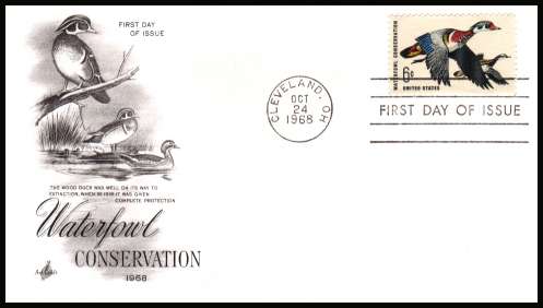 view larger image for First Day Covers First Day Covers: SG Number 1347 / Scott Number  (1968) - Waterfowl - Birds Conservation single on an unaddressed ''Artcraft'' first day cover cancelled with a FDI cancel for CLEVELAND - OH
dated OCT 24 1968