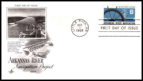view larger image for First Day Covers First Day Covers: SG Number 1343 / Scott Number  (1968) - Arkansas River Navigation Project 6c single on an unaddressed ''Artcraft'' first day cover cancelled with a FDI cancel for LITTLE ROCK - AR
dated OCT 1 1968