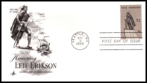view larger image for First Day Covers First Day Covers: SG Number 1344 / Scott Number  (1968) - Leif Erickson 6d single on an unaddressed ''Artcraft'' first day cover cancelled with a FDI cancel for SEATTLE - WA
dated OCT 9 1968