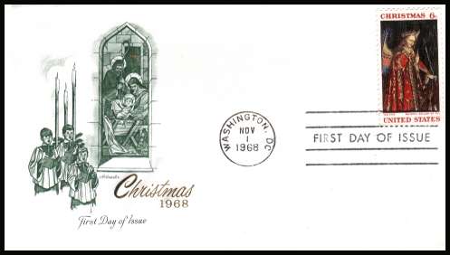 view larger image for First Day Covers First Day Covers: SG Number 1348 / Scott Number  (1968) - Christmas 6c single on unaddressed  ''Artmaster'' first day cover cancelled with a FDI cancel for
dated