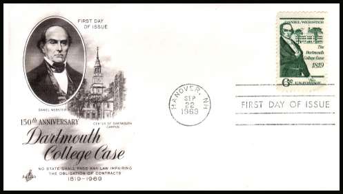 view larger image for First Day Covers First Day Covers: SG Number 1368 / Scott Number  (1969) - Daniel Webster - Dartmouth College 6c single on unaddressed ''Artcraft'' first day cover cancelled with a FDI cancel for HANOVER - NH
dated SEP 22 1969