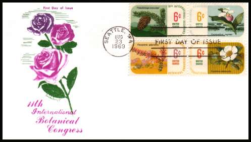 view larger image for First Day Covers First Day Covers: SG Number 1366a / Scott Number  (1969) - Botanical Congress block of four  on unaddressed colour Cachetcraft
first day cover cancelled with a FDI cancel for SEATTLE - WA
dated AUG 23 1969
