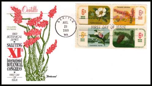 view larger image for First Day Covers First Day Covers: SG Number 1366a / Scott Number  (1969) - Botanical Congress block of four  on unaddressed Fleetwood
first day cover cancelled with a FDI cancel for SEATTLE - WA 
dated AUG 23 1969