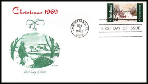 view larger image for First Day Covers First Day Covers: SG Number 1372 / Scott Number  (1969) - Christmas - Winter Sunday single on unaddressed Artmaster
first day cover cancelled with a FDI cancel for CHRISTMAS - FL
dated 3 NOV 1969