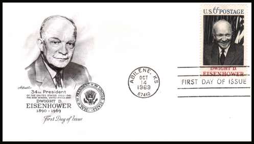 view larger image for First Day Covers First Day Covers: SG Number 1371 / Scott Number  (1969) - Dwight D. Eisenhower single on unaddressed Artmaster
first day cover cancelled with a FDI cancel for ABILENE - KS
dated OCT 14 1969