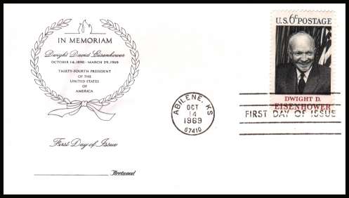 view larger image for First Day Covers First Day Covers: SG Number 1371 / Scott Number  (1969) - Dwight D. Eisenhower single on unaddressed Fleetwood
first day cover cancelled with a FDI cancel for ABILENE - KS
dated OCT 14 1969