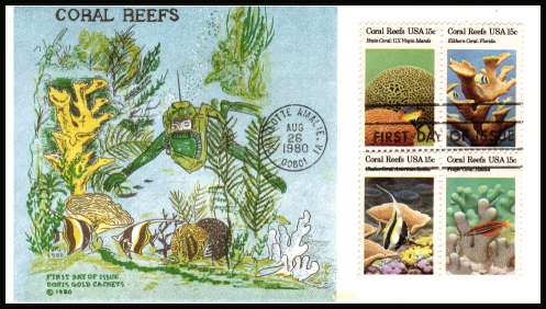 view larger image for First Day Covers First Day Covers: SG Number 1803a / Scott Number  (1980) - Coral Reefs block of four on unaddressed Doris Gold colour
first day cover cancelled with a FDI cancel for CHARLOTTE AMALIE - VI
dated AUG 26 1980
