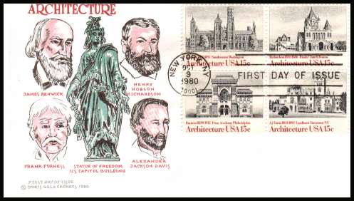 view larger image for First Day Covers First Day Covers: SG Number 1814a / Scott Number  (1980) - Architecture block of four on unaddressed Doris Gold
first day cover cancelled with a FDI cancel for NEW YORK - NY
dated OCT 9 1980