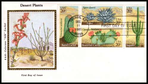 view larger image for First Day Covers First Day Covers: SG Number 1922a / Scott Number  (1981) - Desert Plants block of four  on unaddressed Colorano ''Silk''
first day cover cancelled with a FDI cancel for TUCSON - AZ
dated DEC 11 1981
