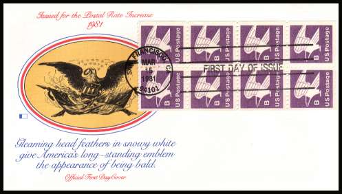 view larger image for First Day Covers First Day Covers: SG Number 1844a / Scott Number  (1981) - ''B'' & Eagle booklet pane of eight on unaddressed Fleetwood
first day cover cancelled with a FDI cancel for SAN FRANCISCO
dated MAR 15 1981
