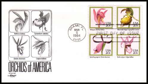 view larger image for First Day Covers First Day Covers: SG Number 2076a / Scott Number  (1982) - Orchids block of four on unaddressed 
first day cover cancelled with a FDI cancel for MIAMI - FL
dated MAR 5 1984