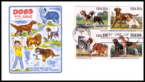 view larger image for First Day Covers First Day Covers: SG Number 2098a / Scott Number  (1984) - Dogs block of four on unaddressed colour 
first day cover cancelled with a FDI cancel for NEW YORK
dated SEP 7 1984