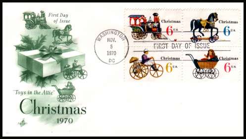 view larger image for First Day Covers First Day Covers: SG Number 1414b / Scott Number  (1970) - Christmas - Toys block of four  on unaddressed ''Artcraft''
first day cover cancelled with a FDI cancel for WASHINGTON - DC
dated NOV 5 1970