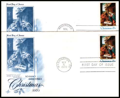 view larger image for First Day Covers First Day Covers: SG Number 1410-1410v / Scott Number  (1970) - Christmas 6c Madonna and Child single (Type 1 and 2) setof two covers on unaddressed ''Artcraft''
first day covers cancelled with a FDI cancel for WASHINGTON - DC
dated NOV15 1970