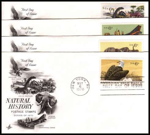 view larger image for First Day Covers First Day Covers: SG Number 1377-1380 / Scott Number  (1970) - Natural History set of four singles from the block of four  unaddressed ''Artcraft''
first day cover cancelled with a FDI cancel for NEW YORK - NY
dated MAY 6 1970
