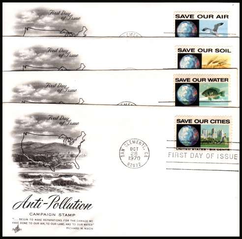 view larger image for First Day Covers First Day Covers: SG Number 1406-1409 / Scott Number  (1970) - Anti Pollution set of four singles from the block of four  on unaddressed ''Artcraft''
first day covers cancelled with a FDI cancel for SAN CLEMENTE - CA
dated OCT 28 1970