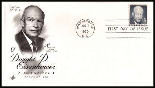 view larger image for First Day Covers First Day Covers: SG Number 1382 / Scott Number  (1970) - Dwight D. Eisenhower 6c sheet single  on unaddressed ''Artcraft''
first day cover cancelled with a FDI cancel for WASHINGTON - DC
dated AUG 6 1970