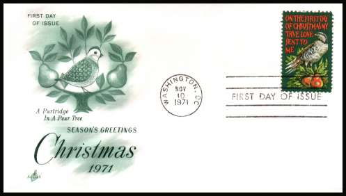 view larger image for First Day Covers First Day Covers: SG Number 1448 / Scott Number  (1971) - Christmas - Partridge bird 8c single on an unaddressed ''Artcraft'' first day cover cancelled with a FDI cancel for  WASHINGTON - DC
dated NOV 10 1971