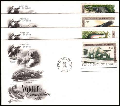 view larger image for First Day Covers First Day Covers: SG Number 1428-1431 / Scott Number  (1971) - Wildlife set of four 8c singles on four unaddressed ''Artcraft'' first day covers cancelled with a FDI cancel for AVERY ISLAND - LA 
dated JUN 12 1971