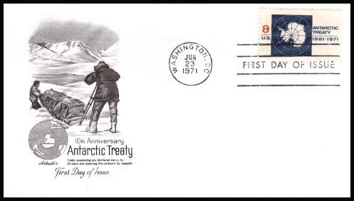 view larger image for First Day Covers First Day Covers: SG Number 1432 / Scott Number  (1971) - Antyarctic Treaty 8c single on an unaddressed Artmaster first day cover cancelled with a FDI cancel for WASHINGTON - DC  
dated JUN 23 1971