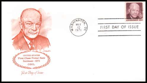 view larger image for First Day Covers First Day Covers: SG Number 1392 / Scott Number  (1971) - Dwight D. Eisenhower 8c Coil single on an unaddressed Artmaster first day cover cancelled with a FDI cancel for WASHINGTON - DC  
dated MAY 10 1971