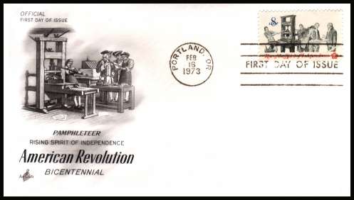 view larger image for First Day Covers First Day Covers: SG Number 1481 / Scott Number  (1973) - American Revolution - Printers   - 8c single on an unaddressed ''Artcraft'' first day cover cancelled with a FDI cancel for PORTLAND - OR
 dated FEB 16 1973