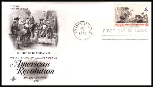 view larger image for First Day Covers First Day Covers: SG Number 1482 / Scott Number  (1973) - American Revolution -  Broadsides  - 8c single on an unaddressed ''Artcraft'' first day cover cancelled with a FDI cancel for ATLANTIC CITY - NJ
 dated APR 13 1973