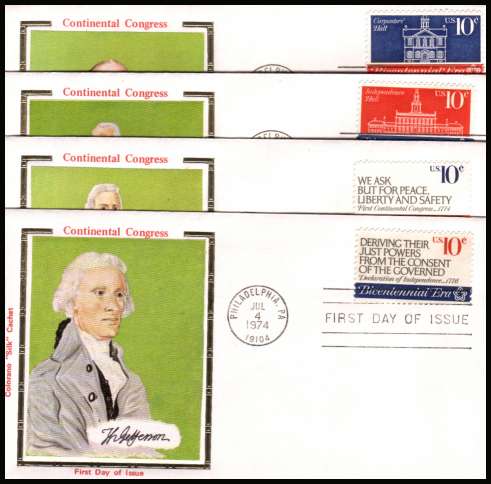view larger image for First Day Covers First Day Covers: SG Number 1541-1544 / Scott Number  (1974) - Continental Congress set of four 10c  singles on four unaddressed Colorano ''Silk'' ' first day covers cancelled with a FDI cancel for PHILADELPHIA - PA
 dated JUL 4 1974
