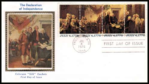 view larger image for First Day Covers First Day Covers: SG Number 1671b / Scott Number  (1976) - Declaration of Independence strip of four on an unaddressed Colorono ''Silk'' first day cover cancfelled with a FDI cancel for PHILADELPHIA - PA dated JUL 4 1976